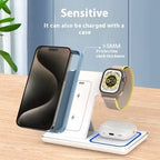 Kavon 3-in-1 LED fast wireless charging stand with foldable design for smartphones, earbuds, and smartwatch charging.