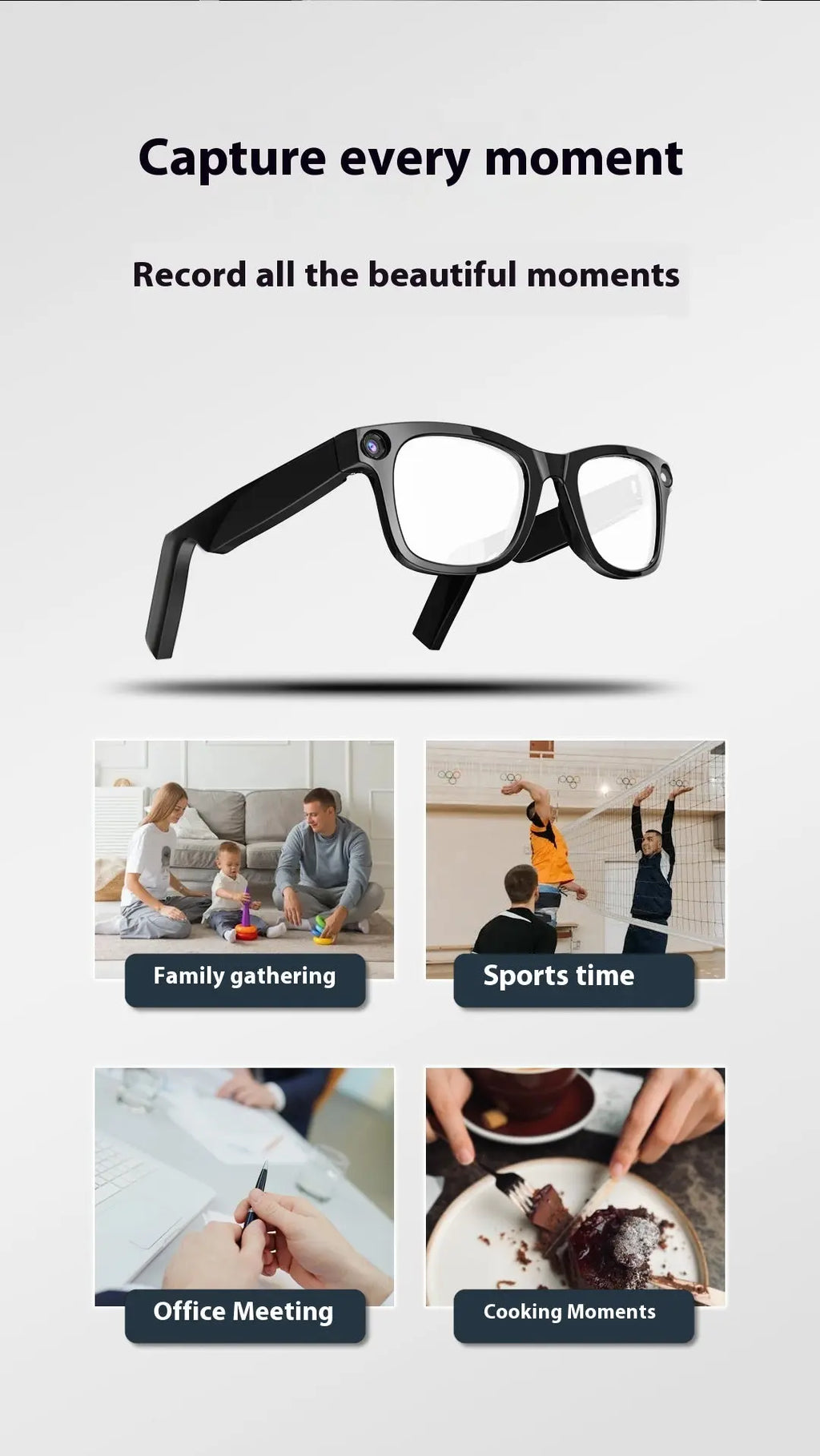 Kavon AI smart glasses with real-time translation, HD video recording, anti-shake design, ideal for travelers on the go.