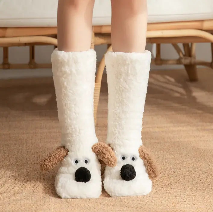 Kavon women's plush dog socks with non-slip soles, cozy home floor socks for comfort and warmth.