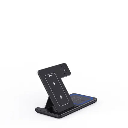Kavon 3-in-1 LED fast wireless charger stand with foldable design for smartphones, earbuds, and smartwatch charging.