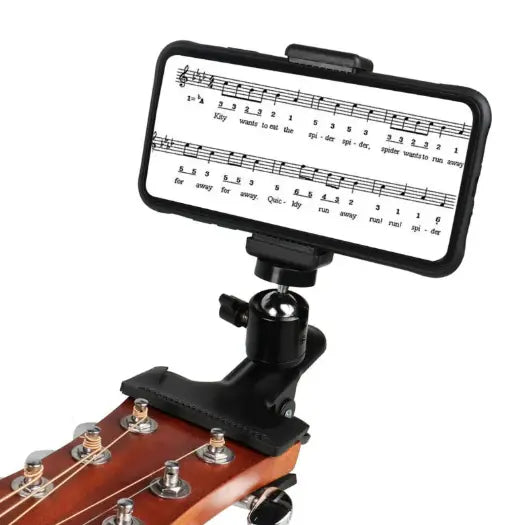 Kavon phone guitar clip stand attached to guitar for hands-free streaming and recording by musicians and streamers