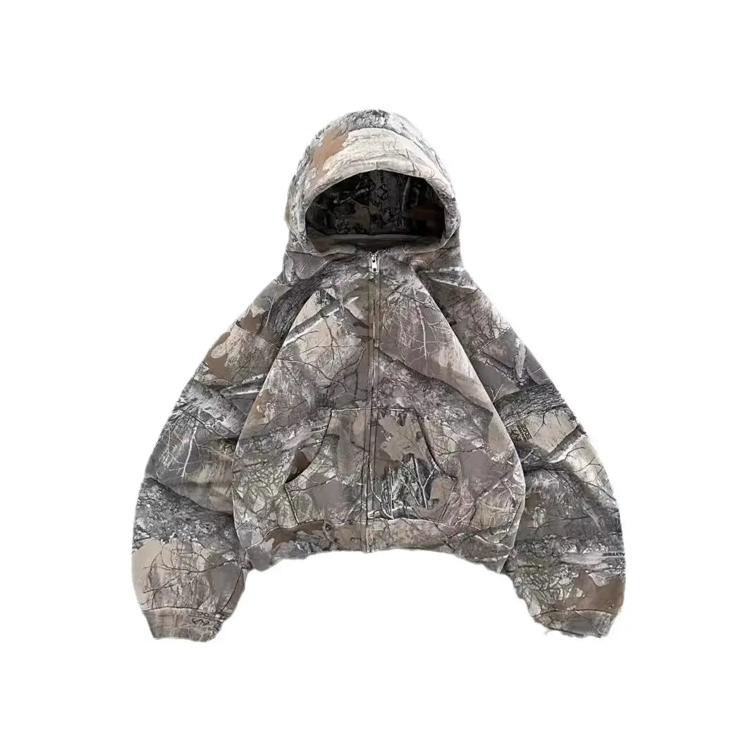 Kavon urban camo unisex oversized hoodie with hood, featuring retro hip hop style and camouflage pattern.