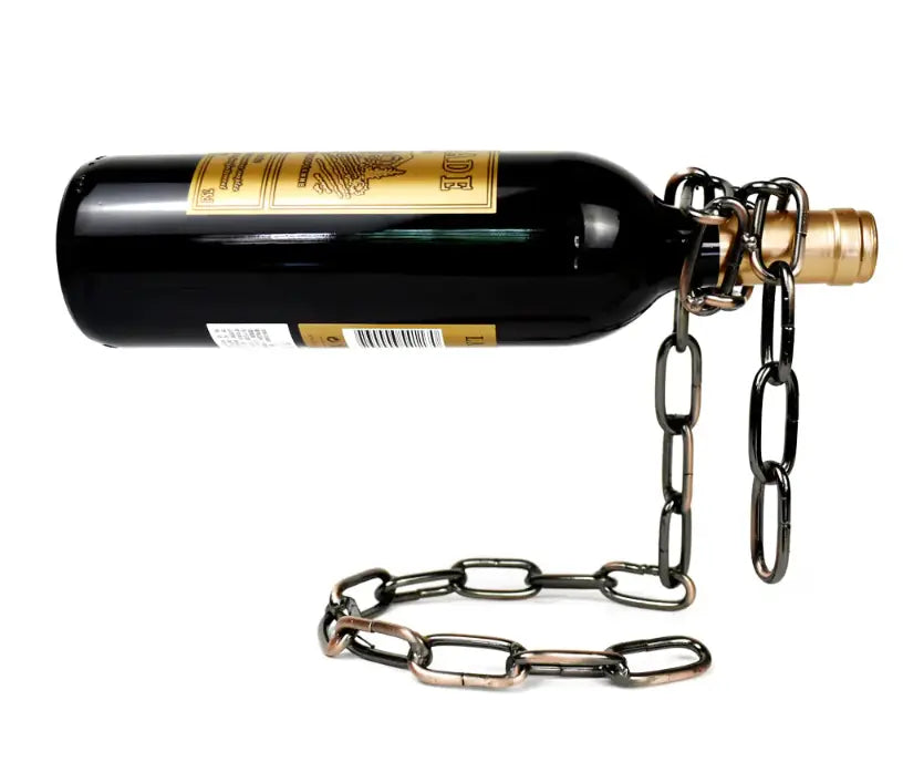 Kavon Magic Iron Chain Wine Bottle Holder suspended display for luxury home decor, showcasing a sleek, modern design.