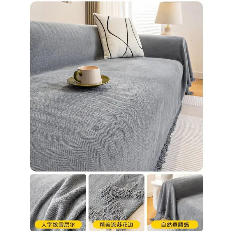 Kavon Chenille Luxe sofa protector cover in beige, designed for stain protection, draped over a cozy sofa for furniture safeguarding.