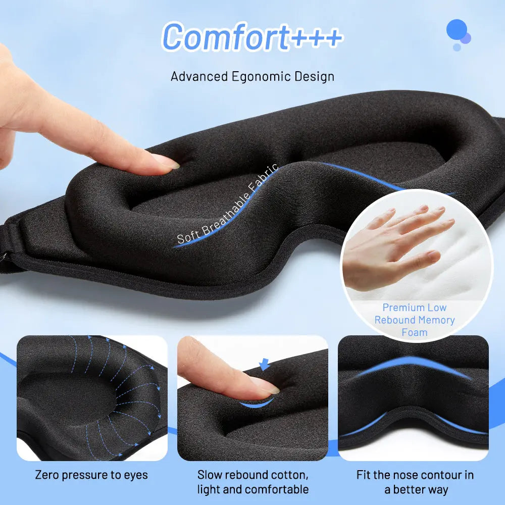 Kavon 3D memory foam sleep mask contoured for natural comfort, soft fabric, and adjustable strap for restful sleep.