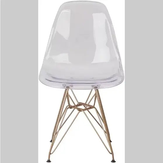Pair of Kavon gold-based Eiffel transparent chairs with crystal finish and waterfall seats, showcasing elegant modern design.