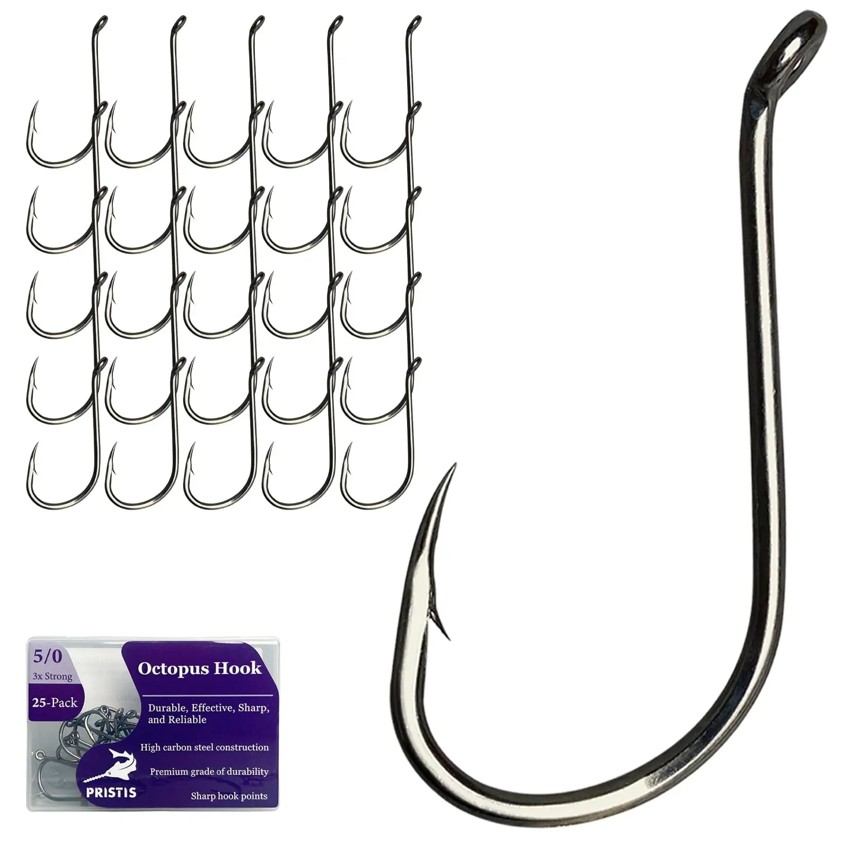 Kavon Pristis 25-pack size 4/0 octopus hooks with beak offset design, high carbon steel for saltwater and freshwater fishing.