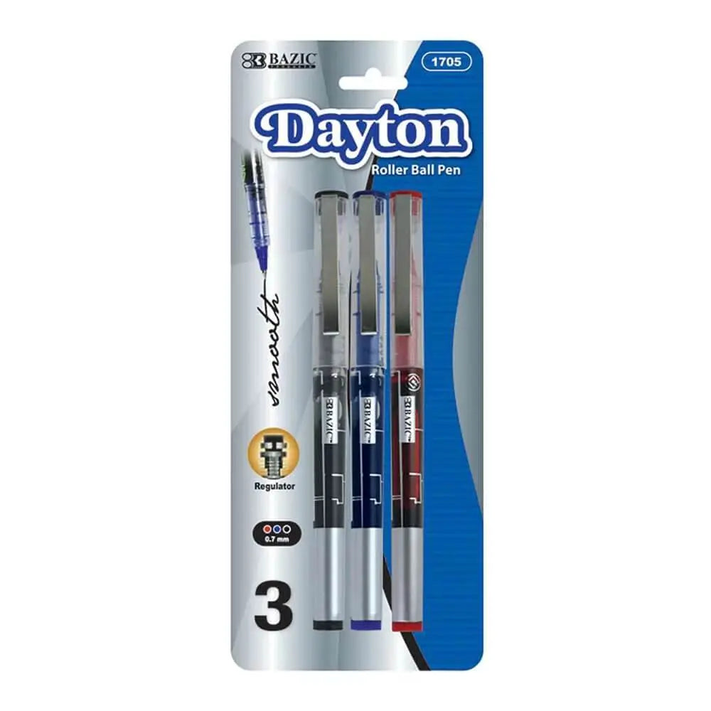 Kavon Dayton SmoothGlide Rollerball Pens three-pack with quick-dry ink, left-hand friendly, featuring sleek black barrels and silver accents.