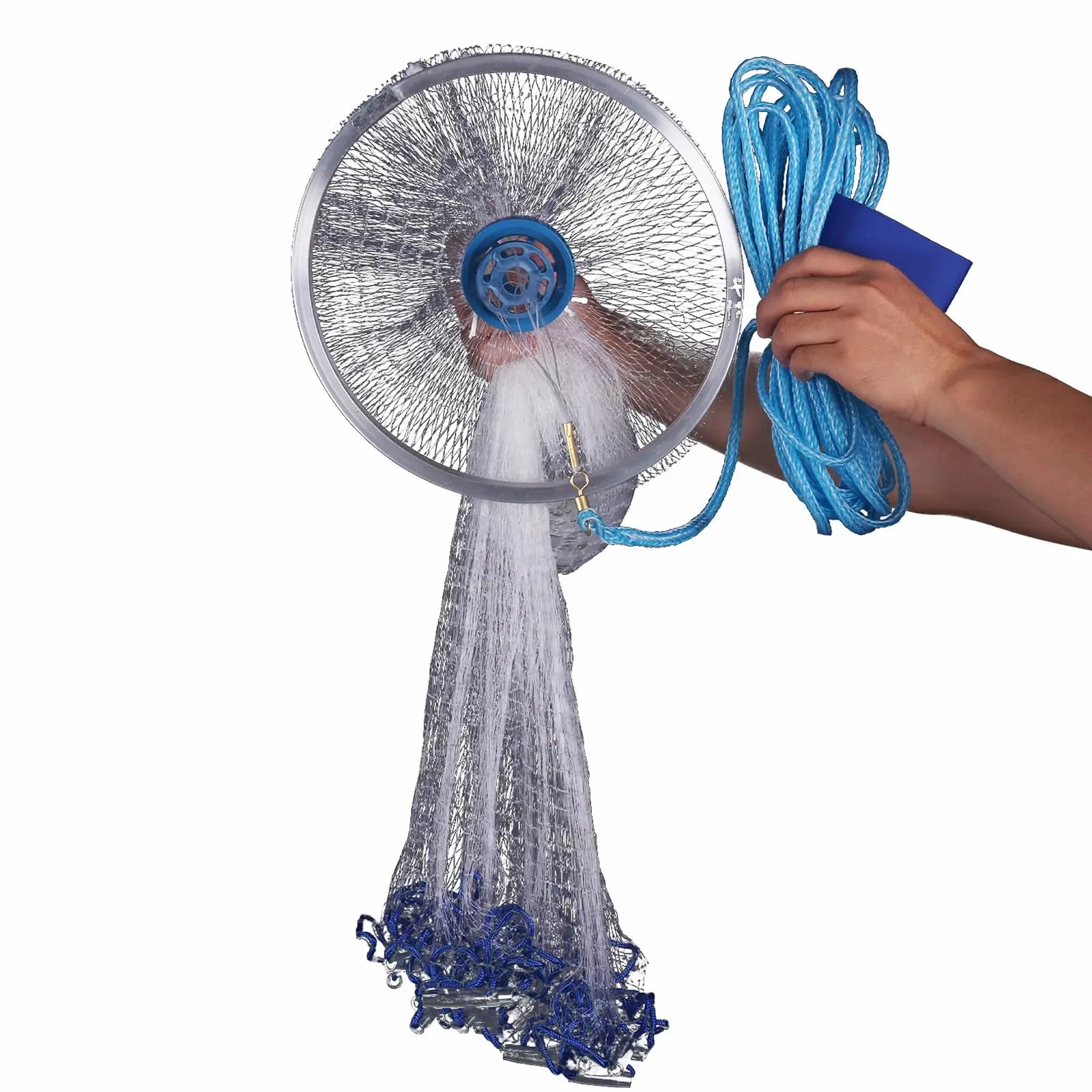 Kavon saltwater cast net with 4-foot aluminum ring, designed for anglers to easily throw and capture live bait in marine environments.