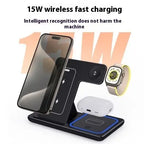 Kavon 3-in-1 LED wireless charger stand with foldable design for fast charging of smartphones, smartwatch, and earbuds.