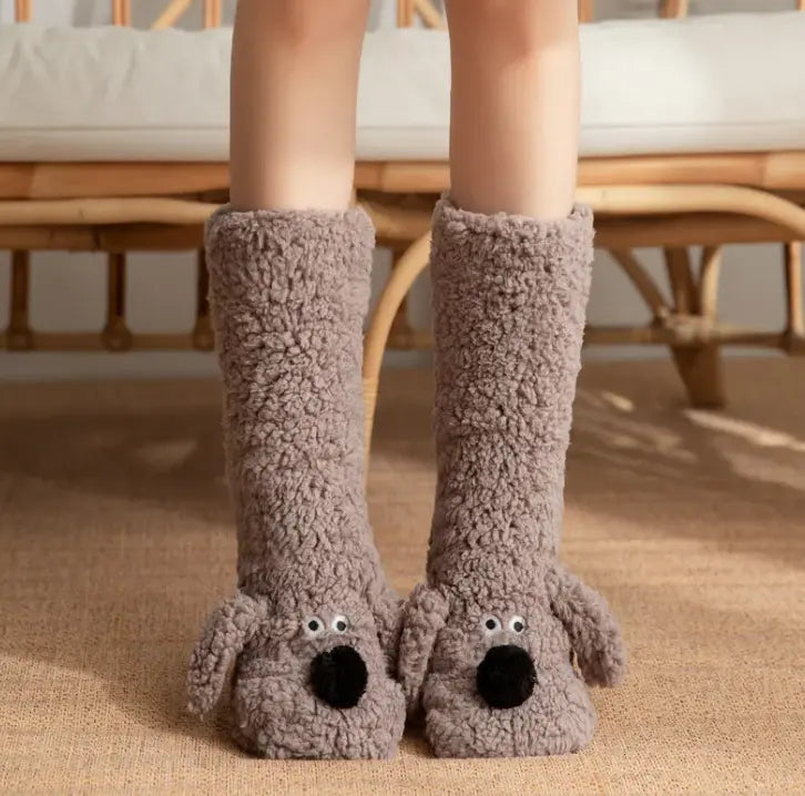 Kavon women's plush dog socks with non-slip soles, soft floor socks for home comfort and cozy indoor wear.