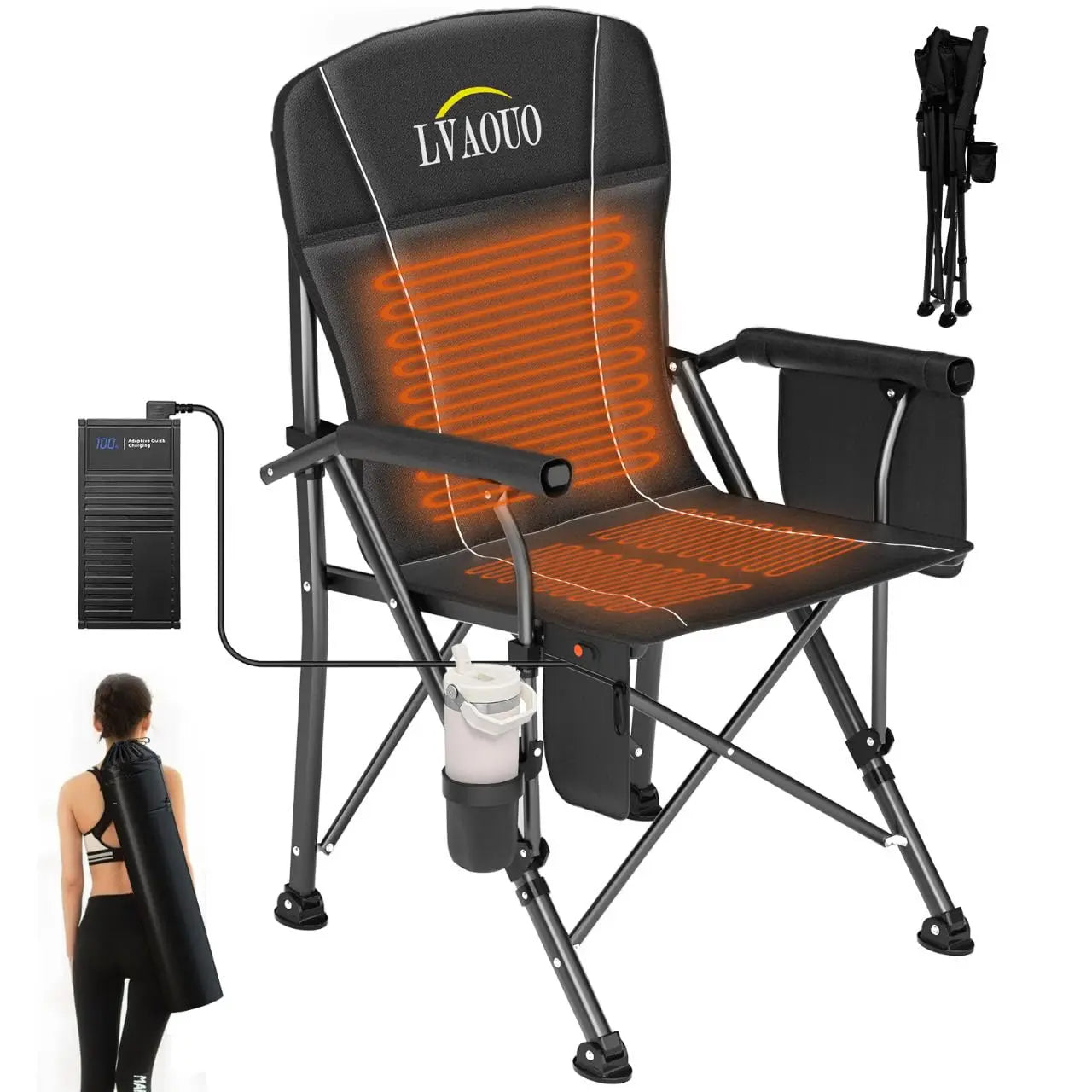 Kavon LVAOUO heated camping chair with 20000mAh battery, 12V, three heat levels, three-zone heating, supports 600 lbs for outdoor use