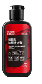 Kavon car glass oil film remover with hydrophobic windshield coating in 150ml bottle, shows application on car windshield.