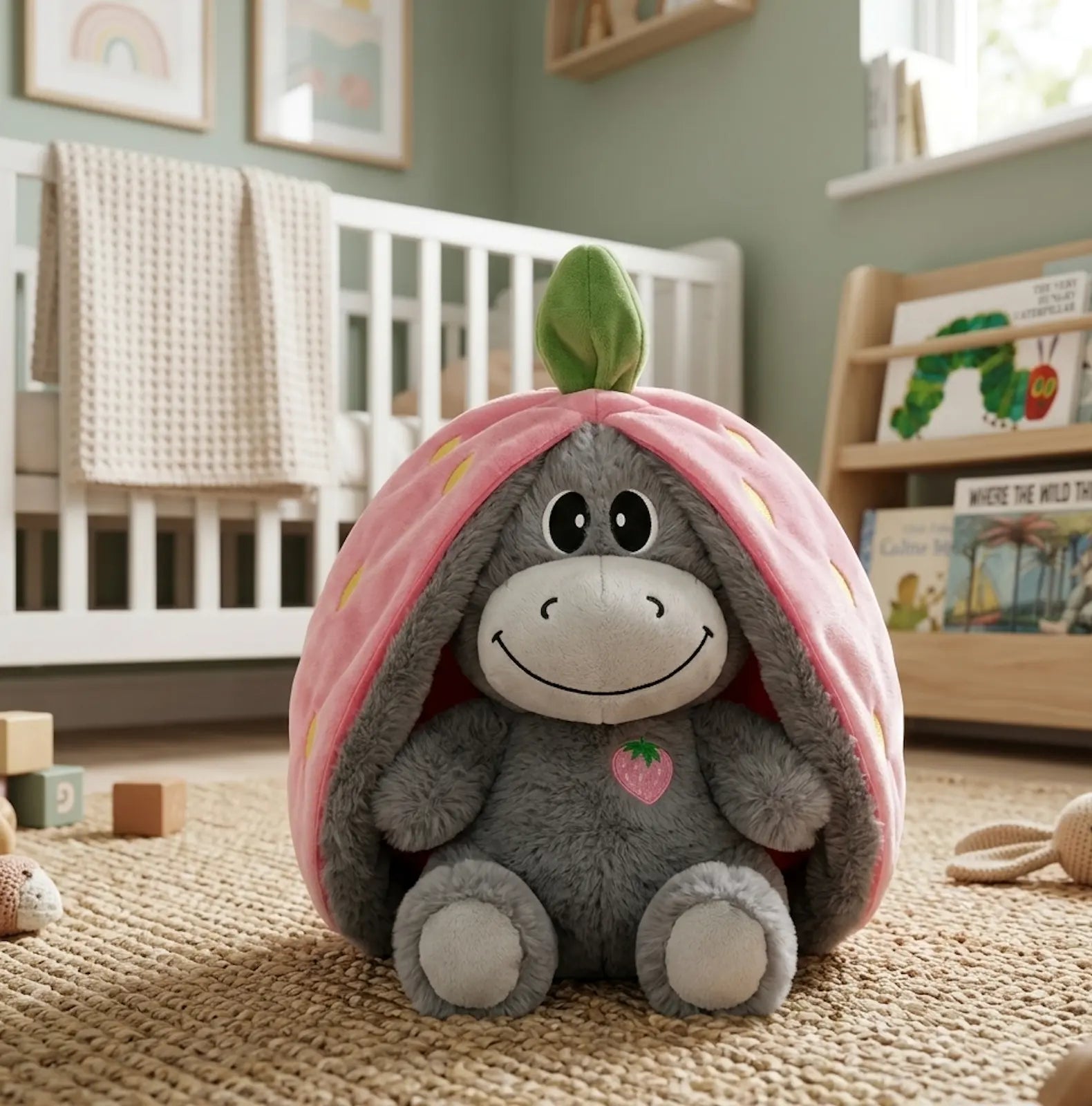 Kavon Breathing Plush Music Doll Strawberry Donkey for kids with gentle light and soft fabric, ideal for comfort and play.