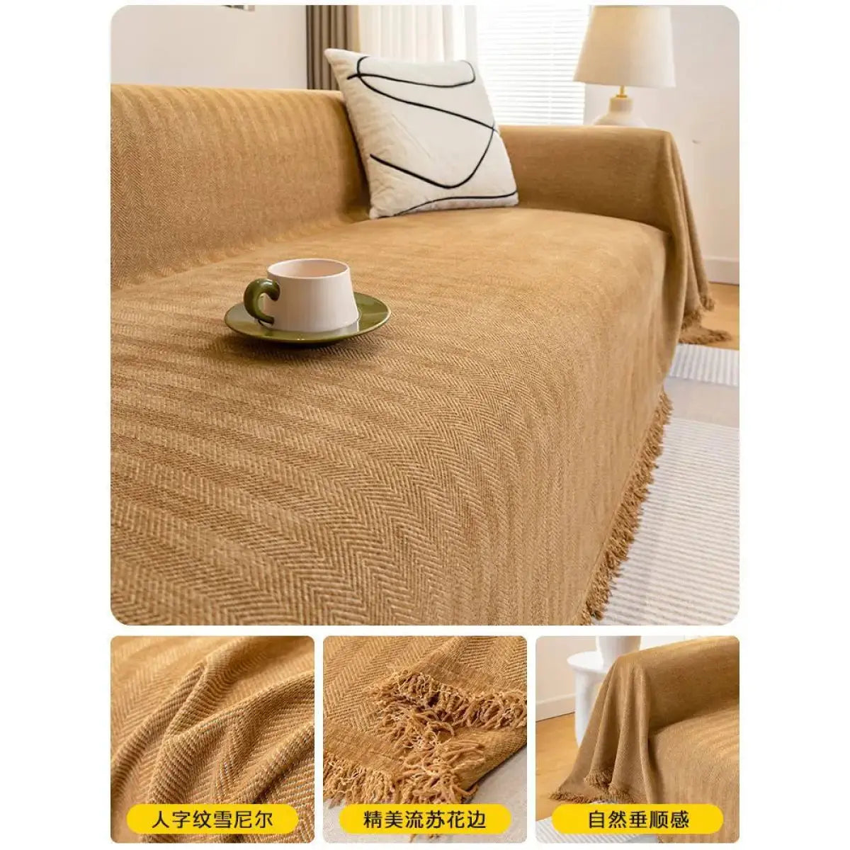 Kavon Chenille Luxe sofa protector cover in beige, offering stain protection with soft, plush chenille fabric for living room furniture