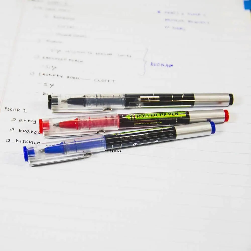 Kavon Dayton SmoothGlide Rollerball Pens three-pack, with quick-dry ink, ideal for left-handed writers, shown in a close-up image.