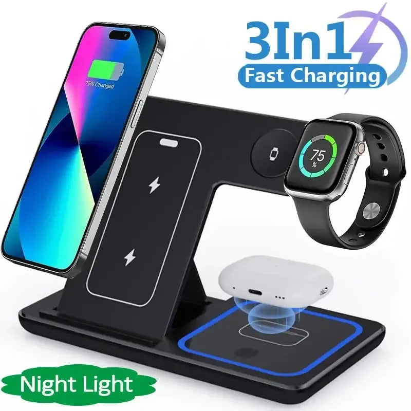 Kavon 3-in-1 LED wireless charger stand with foldable design for fast charging of smartphones, earbuds, and smartwatch.