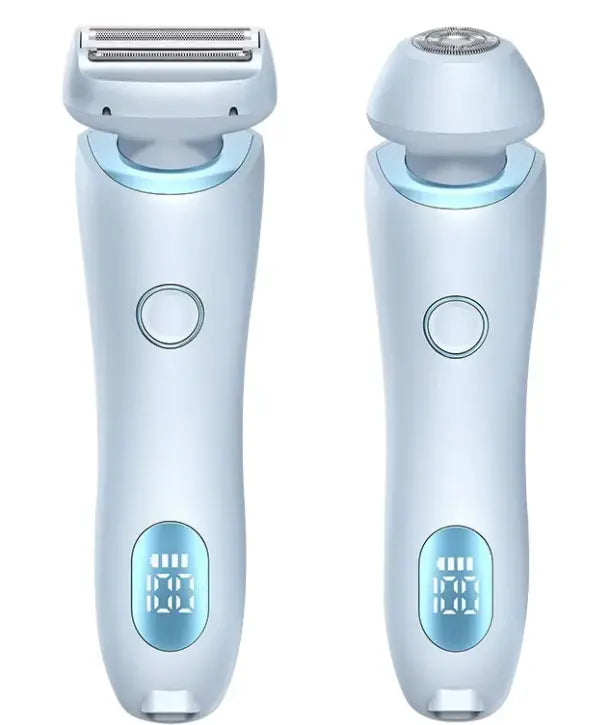 Kavon Electric Duo Shave system with multiple attachments for head-to-toe shaving, featuring sleek black handle and stainless steel blades.