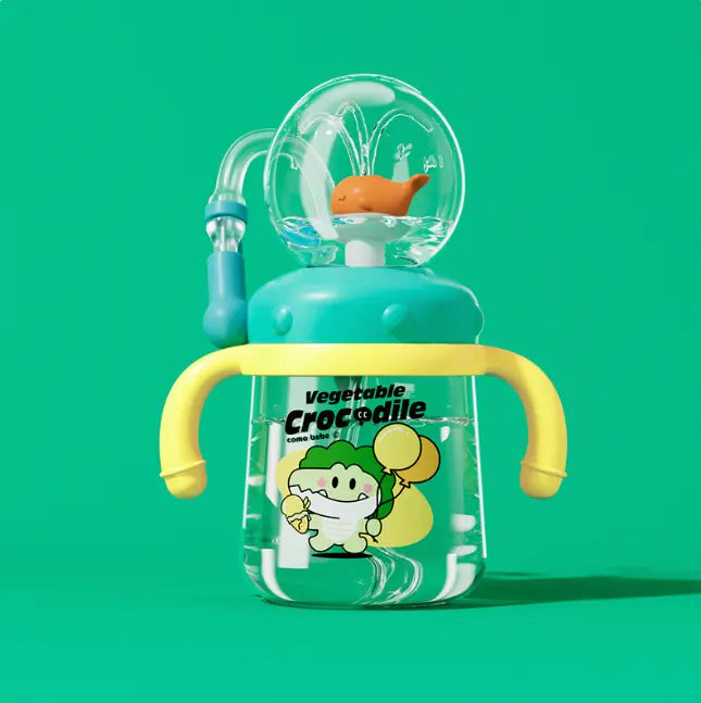 Kids whale cartoon water bottle by Kavon, leakproof Tritan sippy cup in multiple sizes and bright colors with a fun whale design.