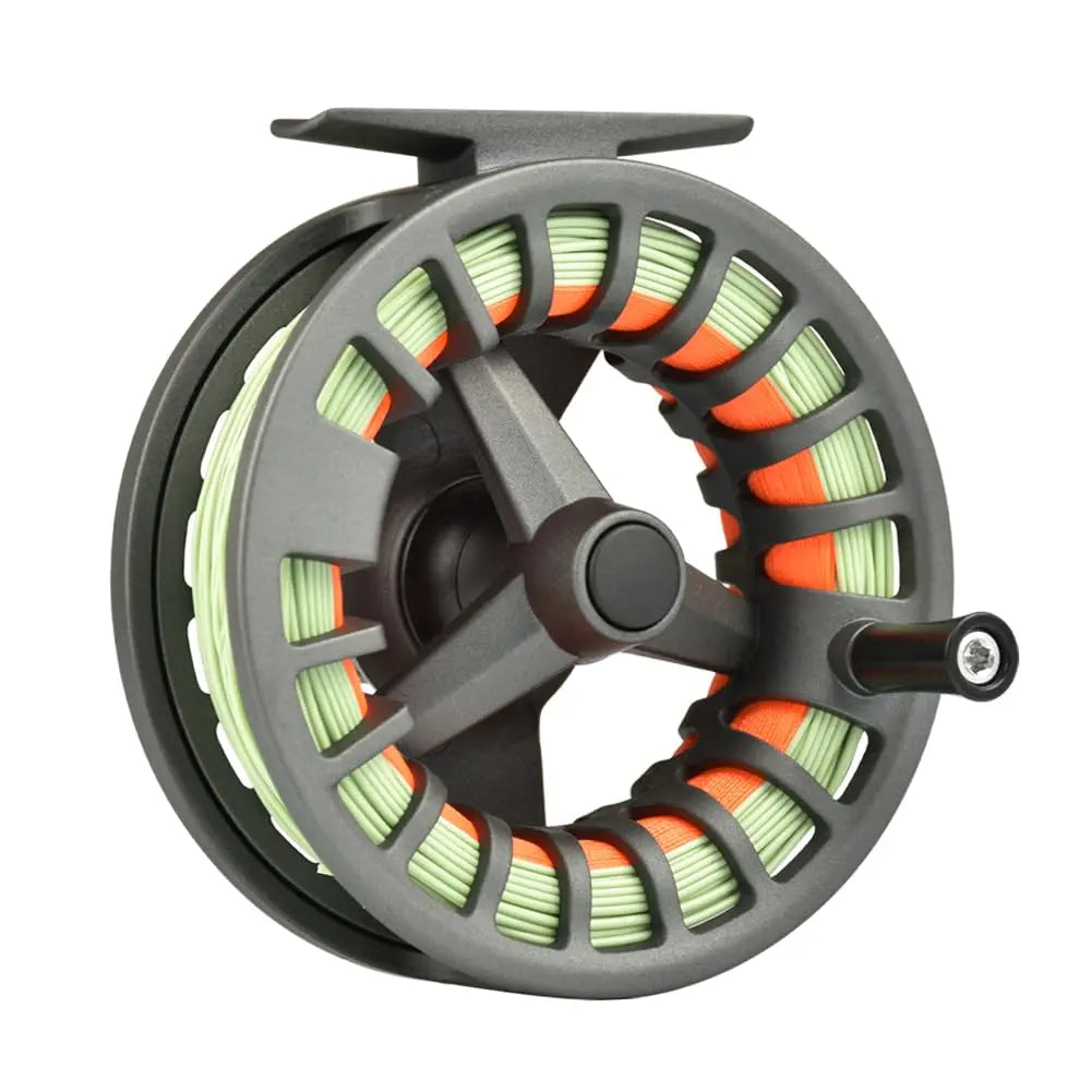 Kavon Master Logic fly fishing reel with aluminum alloy body, green line, designed for 5 to 6 weight fly fishing for beginners