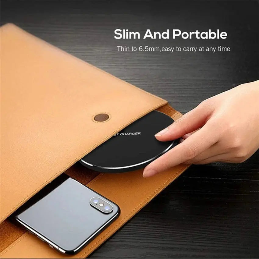 Kavon 60W wireless charging pad for iPhone and Samsung phones, showing the sleek black pad with charging indicator lights.