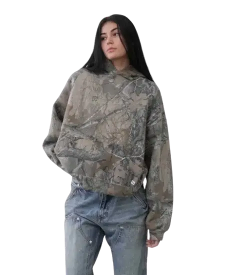 Kavon urban camo oversized unisex hoodie with retro hip hop style, featuring a hood and bold camo pattern.