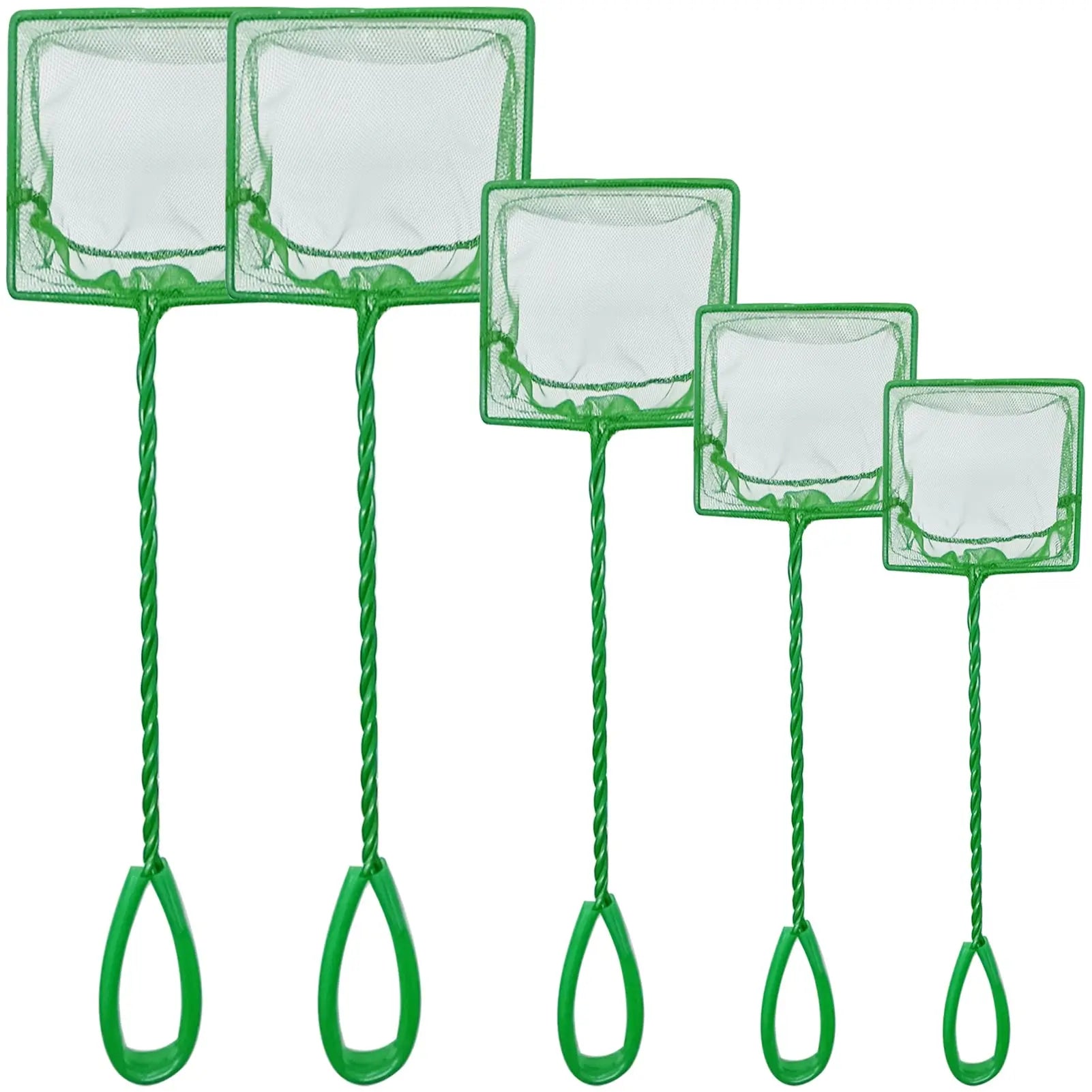 Kavon QXBXYHM aquarium fish net set with 5 multi-sized nylon mesh nets and long handles for gentle fish transfers.