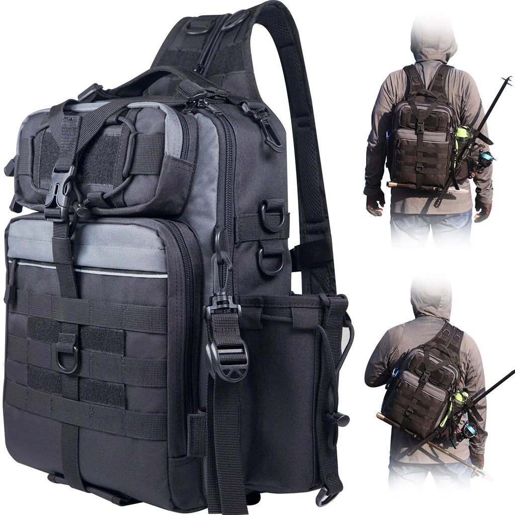 Kavon BLISSWILL fishing backpack with rod holder and multiple compartments, designed for anglers on the go, outdoor fishing gear.