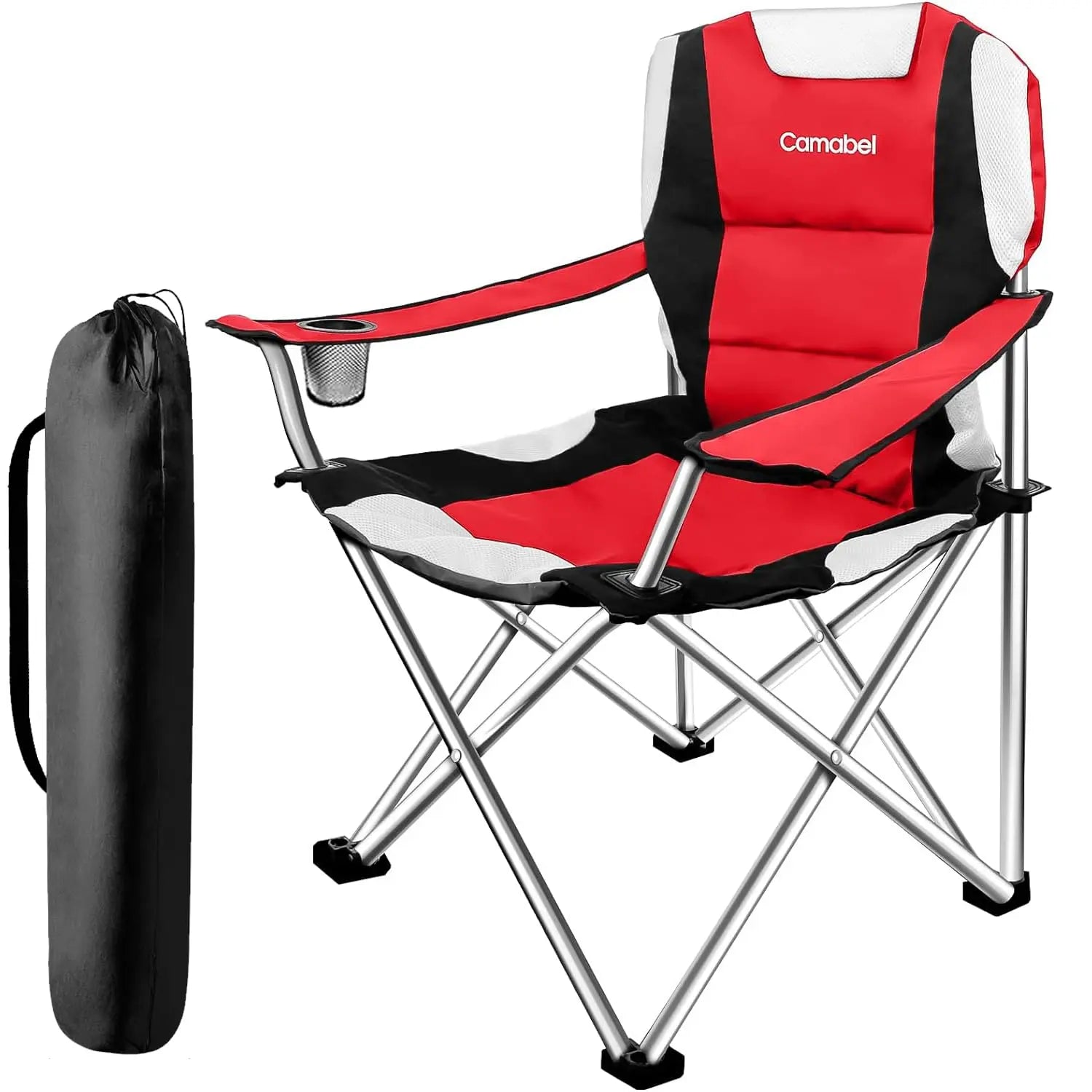 Kavon Camabel folding camping chair in red with padded seat and cup holder, supports up to 400 lbs for beach, hiking, or outdoor use.