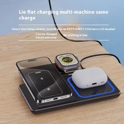 Kavon 3-in-1 LED fast wireless charger stand with foldable design for smartphones, earbuds, and smartwatch charging.
