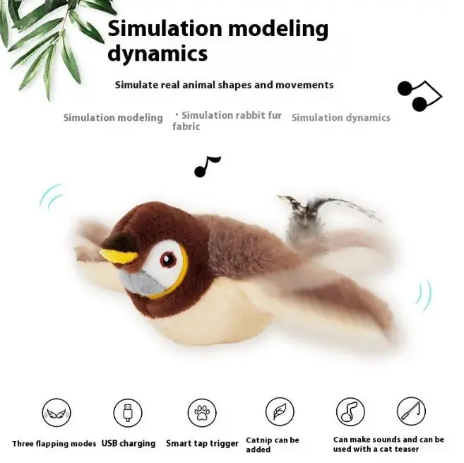 Kavon flapping bird cat toy with USB rechargeable wings, indoor interactive playmate for cats, featuring moving wings and vibrant colors.