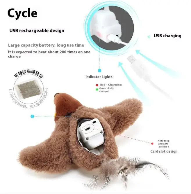 Kavon flapping bird cat toy with USB rechargeable wings, indoor interactive playmate for cats, featuring moving wing action.