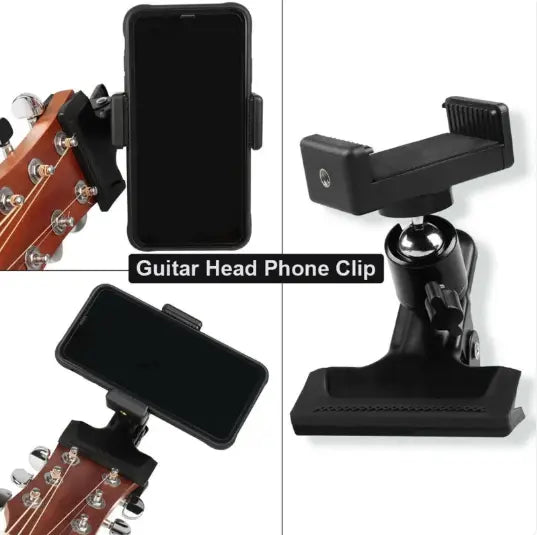 Kavon phone guitar clip stand attached to guitar for hands-free streaming and musicians' live performances.