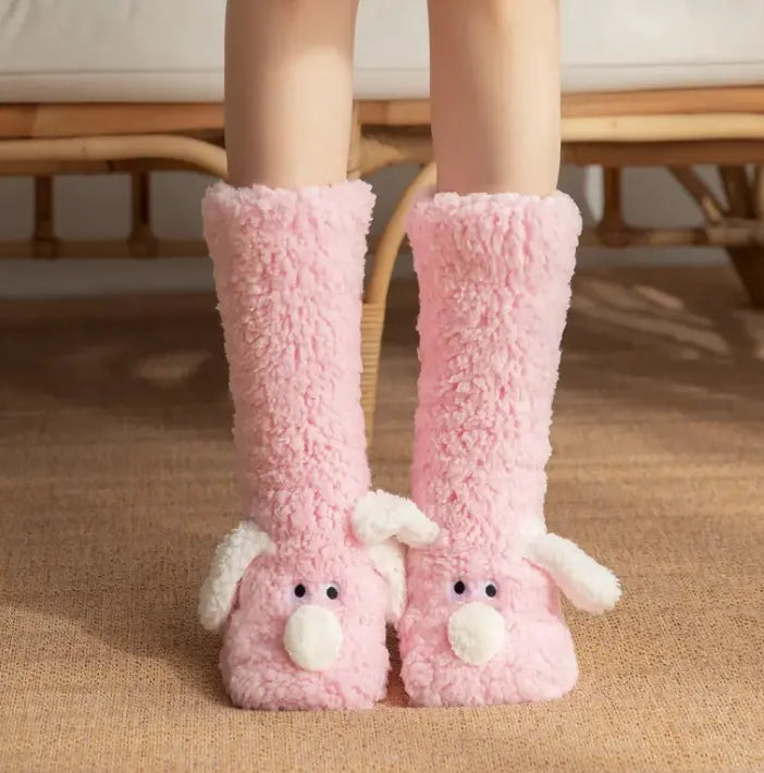 Kavon women's plush dog socks with non-slip soles, cozy floor socks for home comfort and warmth.