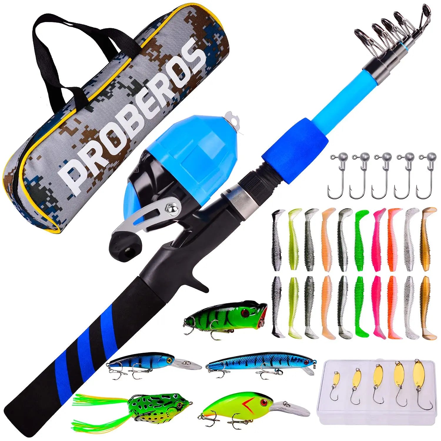 Kids Kavon fishing set with telescopic rod and spincast reel, ideal for beginners, includes fishing line and accessories.