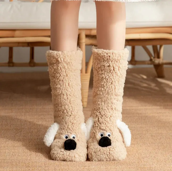 Kavon women's plush non-slip dog socks for home comfort, featuring soft fabric and grip soles for indoor use.