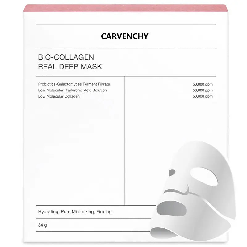 Kavon Bio Collagen Real Deep Hydrating Facial Mask on a woman’s face, promoting radiant skin and deep moisture.