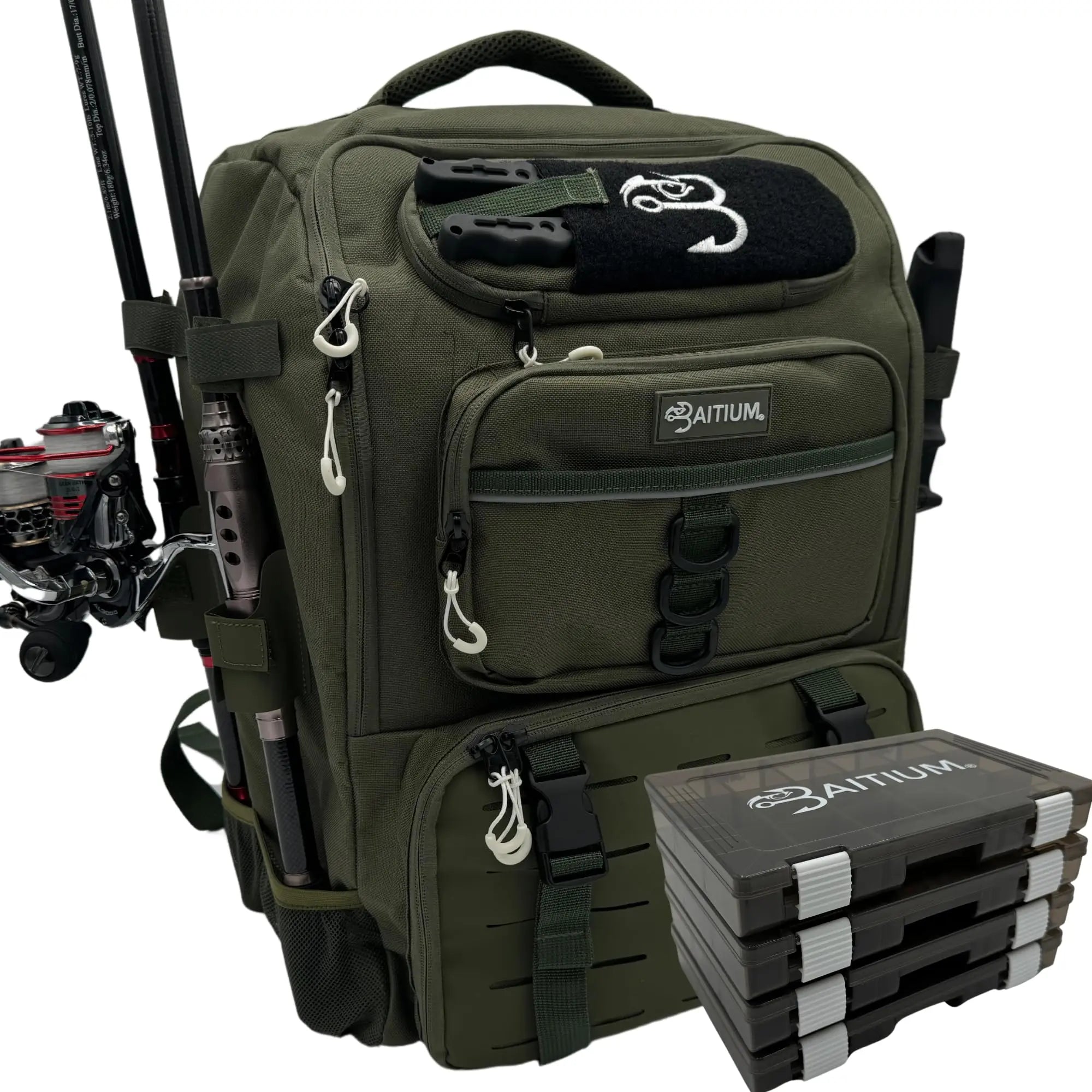 Kavon Baitium 40L fishing backpack with rod holders, insulated cooler, and four tackle boxes for anglers.