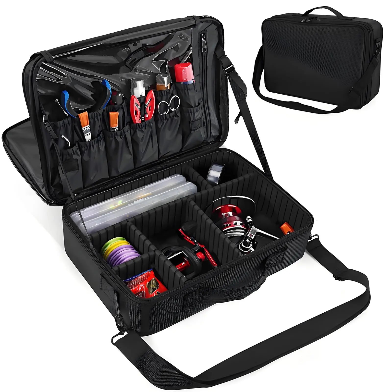 Kavon MZTXY fishing reel case with water-resistant fabric, shockproof dividers, designed for ice fishing anglers.