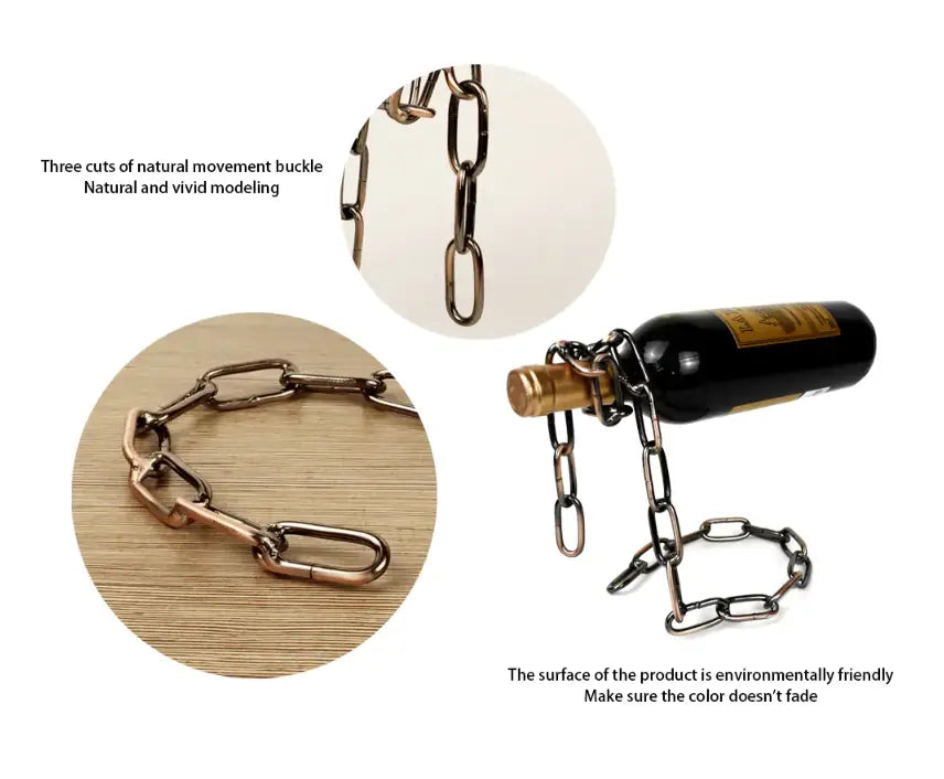 Kavon Magic Iron Chain wine bottle holder with suspended display design, ideal for luxury home decor, showcasing a wine bottle in mid-air.