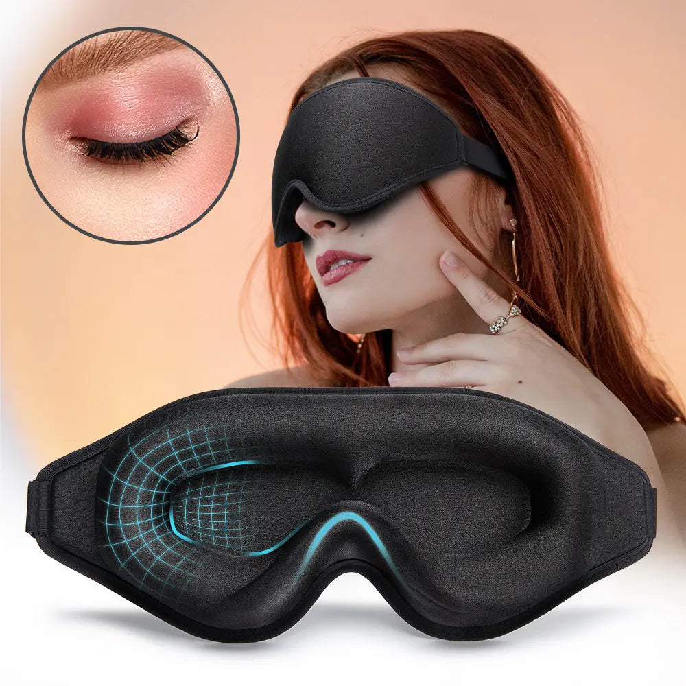 Contoured 3D memory foam sleep mask by Kavon, designed for natural comfort and full eye coverage, in a sleek black color.