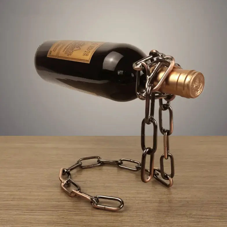 Kavon Magic Iron Chain Wine Bottle Holder suspended display for luxury home decor, showcasing a stylish wine bottle arrangement.